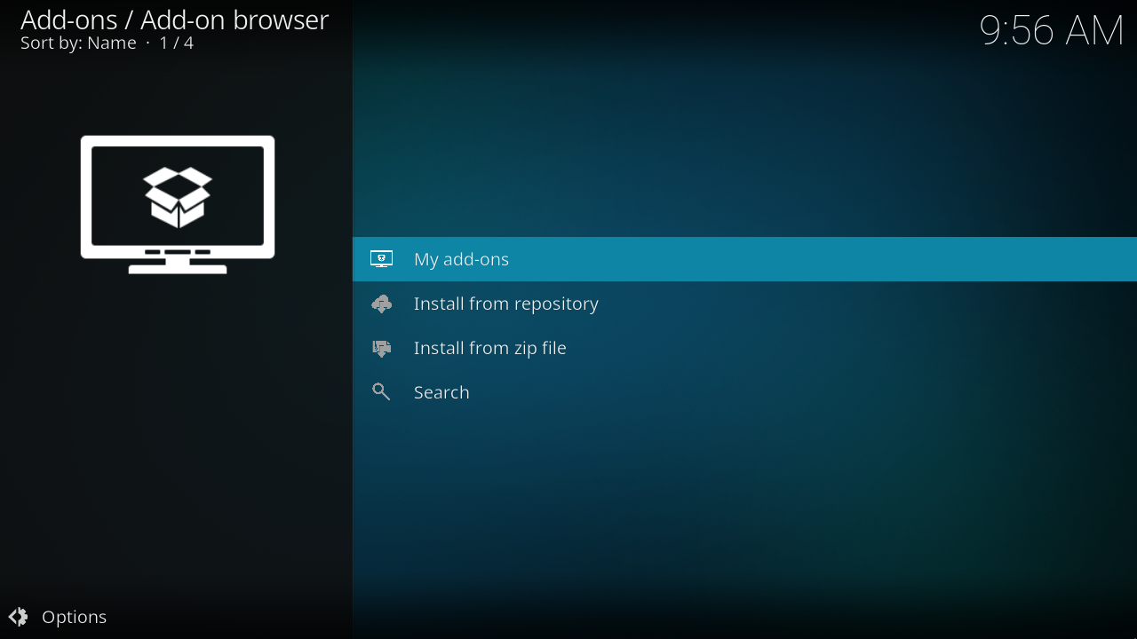Kodi add-on browser, with ZIP and repository installation entries