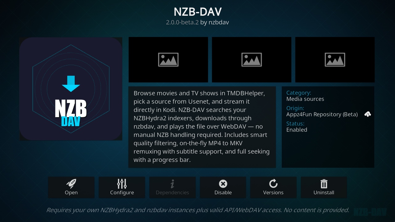 Configure becomes available after the video add-on is installed