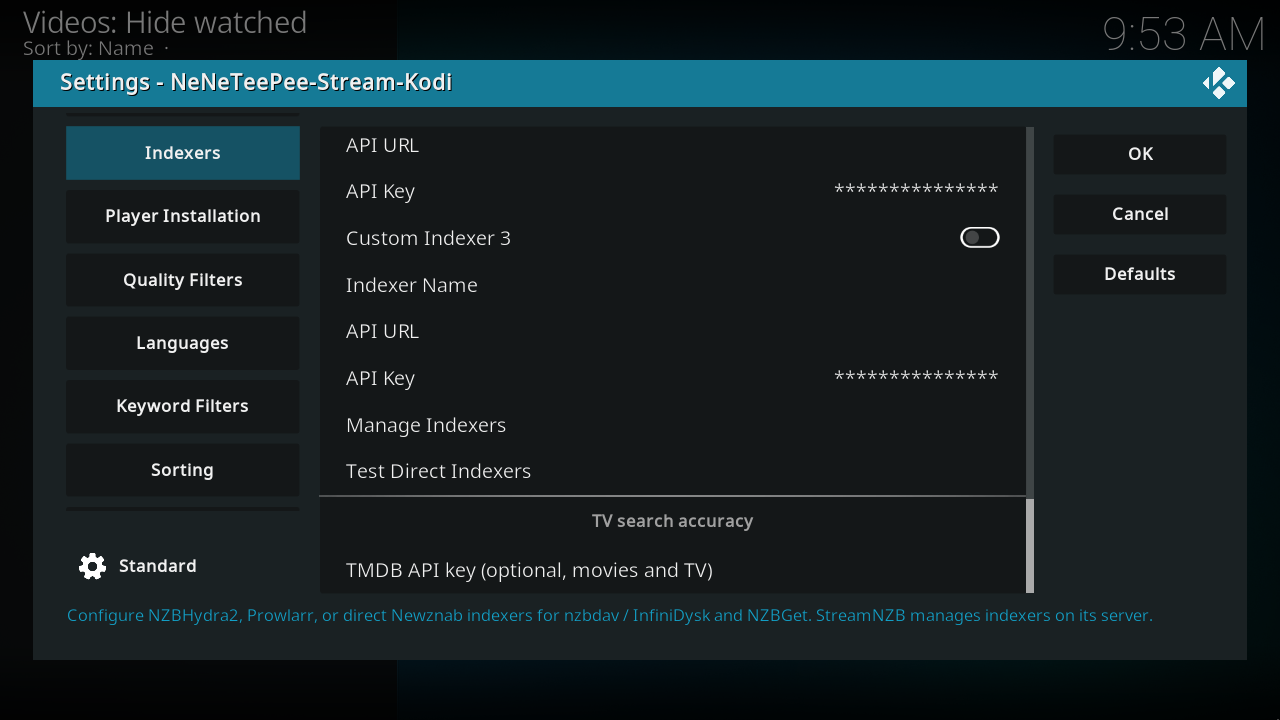 The TMDB API key field at the bottom of Indexers