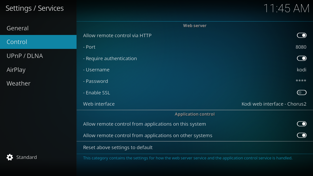 Kodi Services Control settings