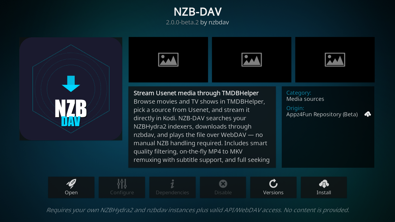 Select Install on the NZB-DAV information page